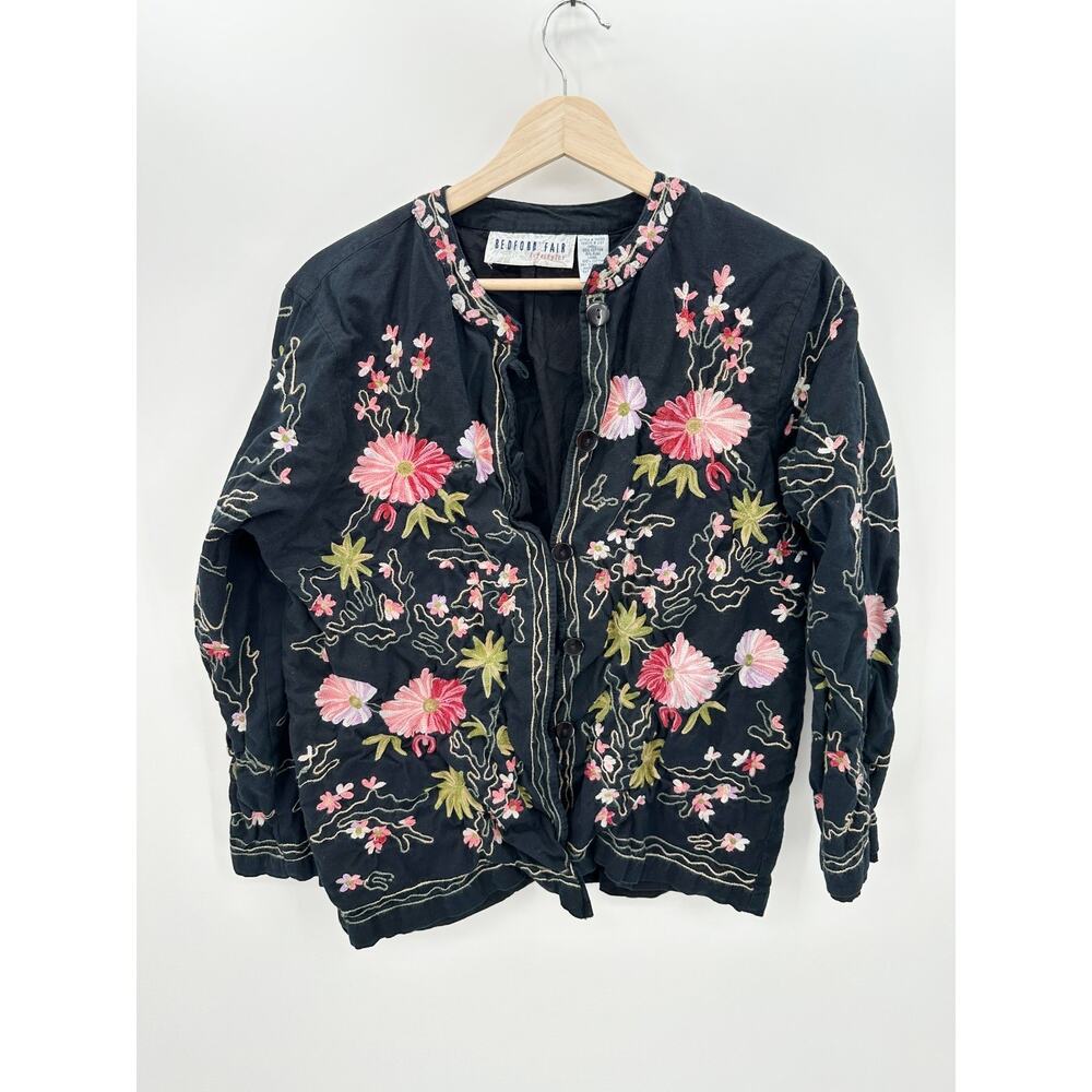 Bedford Fair Womens Black Floral Embroidery Cotton Flax Button Down Jacket L